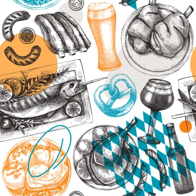 Oktoberfest background. German cuisine menu design. Pretzel, beer, roast pork, ham hocks, sausages, ribs, grilled fish on table. Grilled meat seamless pattern. Beer festival backdrop in collage style